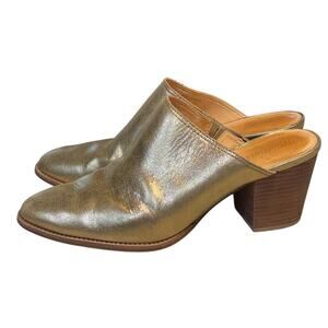 Madewell Gold Metallic Leather Stacked Heel Harper Mules Shoe Size 9,5
